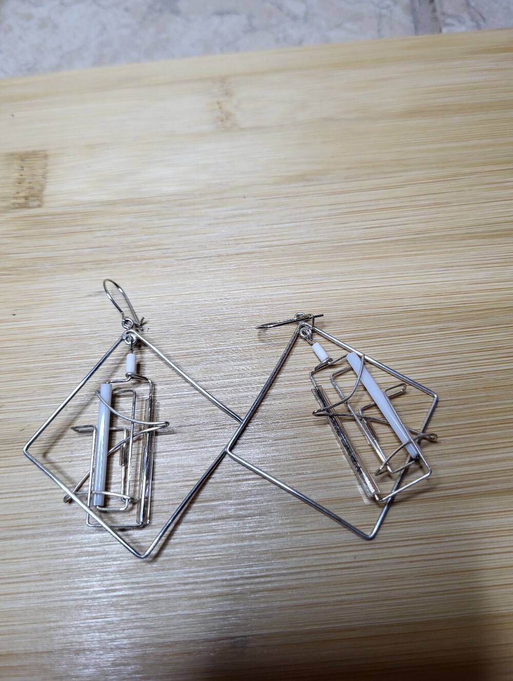 Geometric Sterling Silver Wire Drop Earrings with White Accent